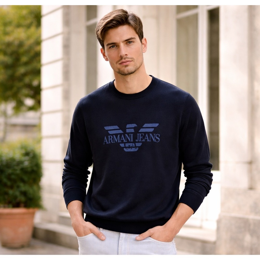 Armani Jeans Sweater‎ Mens 3XL Navy Crewneck Logo Pullover Cotton Knit Top NEW
